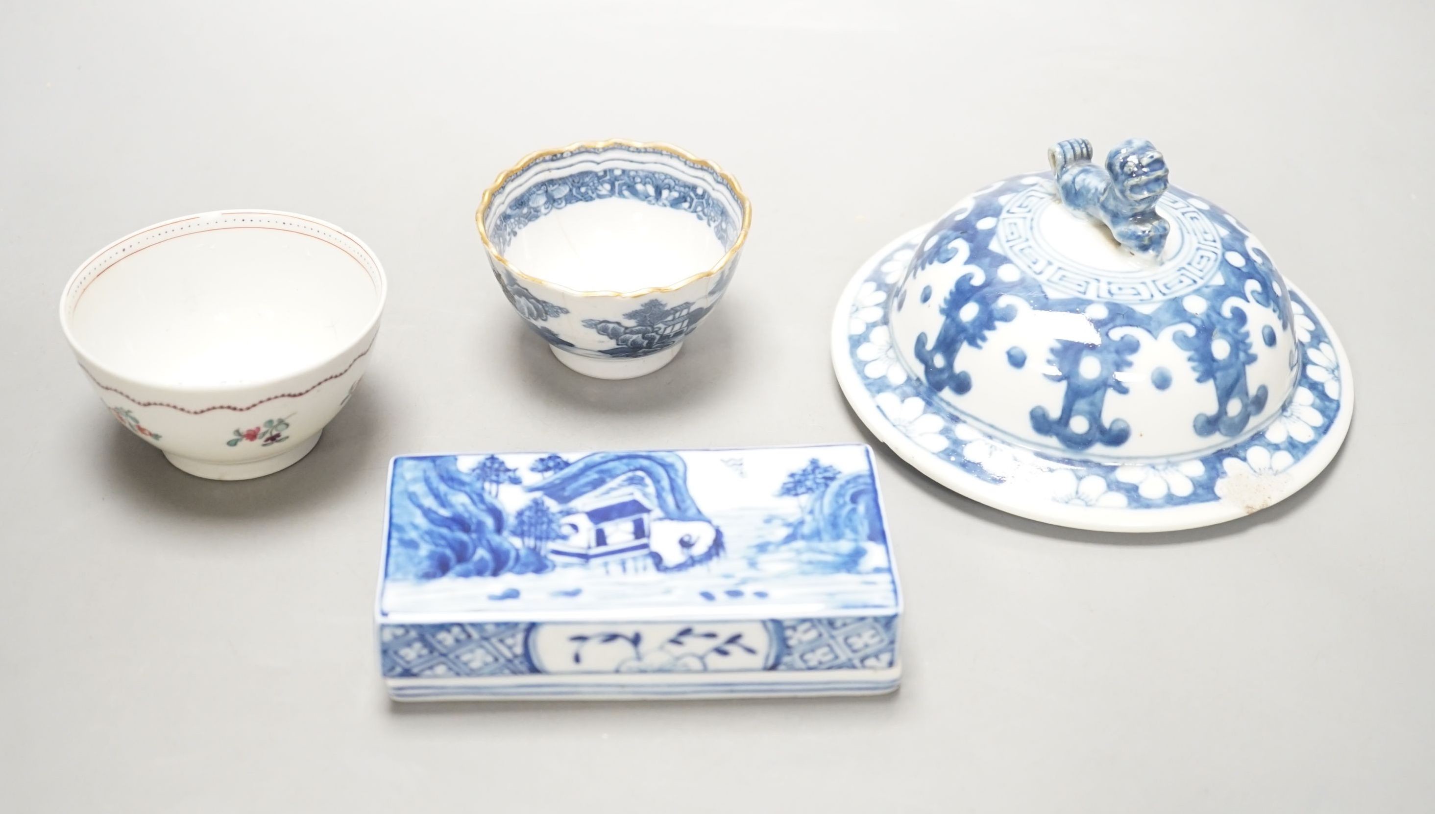 An 18th century Chinese export teabowl, a Chinese blue and white vase cover, similar teabowl and past box and cover.